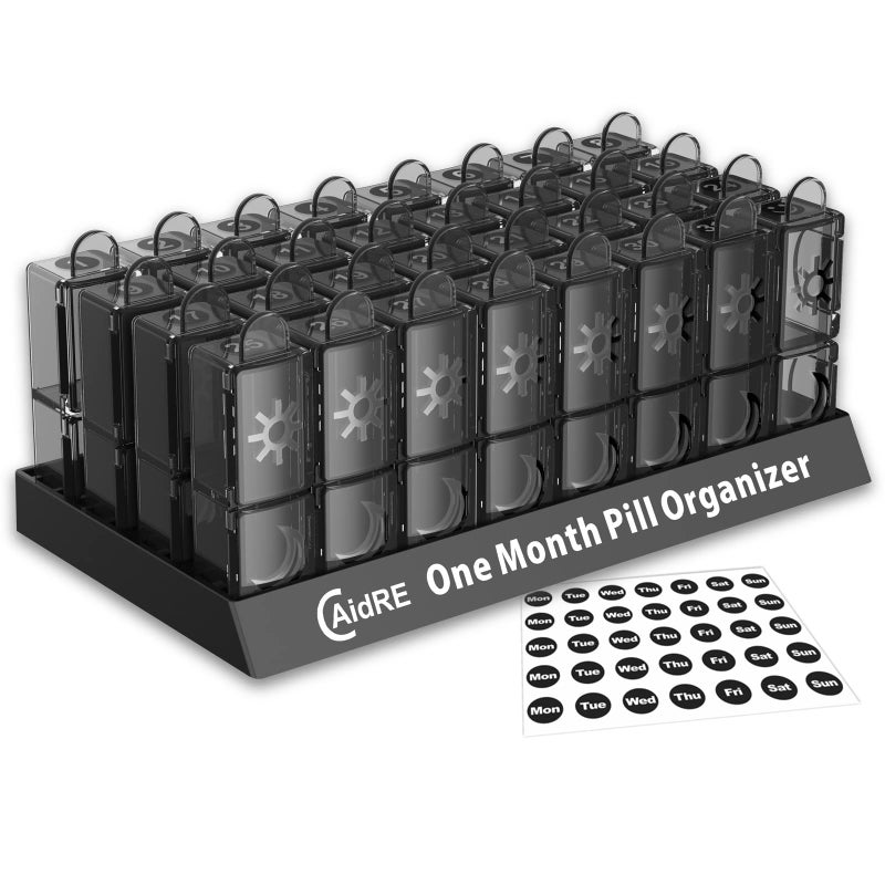 CAidRE Monthly Pill Organizer 2 Times a Day, CAidRE 30 Day Pill Organizer AM PM, One Month Pill Boxes and Organizer, 31 Day Pill Organizer with Weekly Pill Holder for Fish Oil, Vitamins, Supplements, Black - Image 1