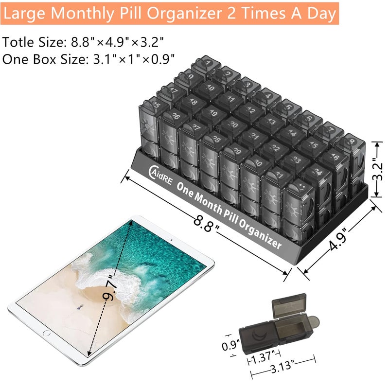 CAidRE Monthly Pill Organizer 2 Times a Day, CAidRE 30 Day Pill Organizer AM PM, One Month Pill Boxes and Organizer, 31 Day Pill Organizer with Weekly Pill Holder for Fish Oil, Vitamins, Supplements, Black - Image 3