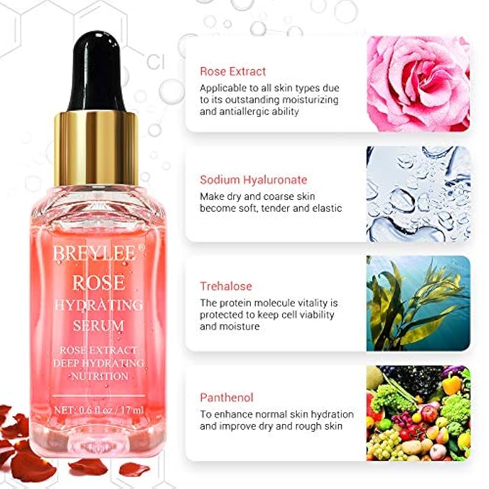 BREYLEE Rose Face Serum, Hydrating Serum Moisturizing Serum Face Serum Hydrating with Hyaluronic Acid Alcohol Free Facial Serum for Skin Care(17ml,0.6fl oz) - Image 2