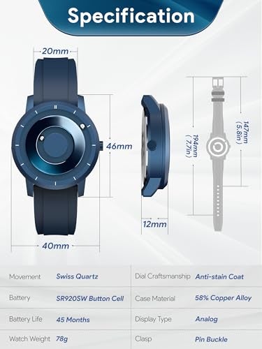 EUTOUR Magnetic Watches for Men 5ATM 40MM Specular Dial Quartz Magnet Watches with Ball Bearings and Silicone Watch Bands Idea for Men Unique Men's Wrist Analog Watch Blue - Image 4