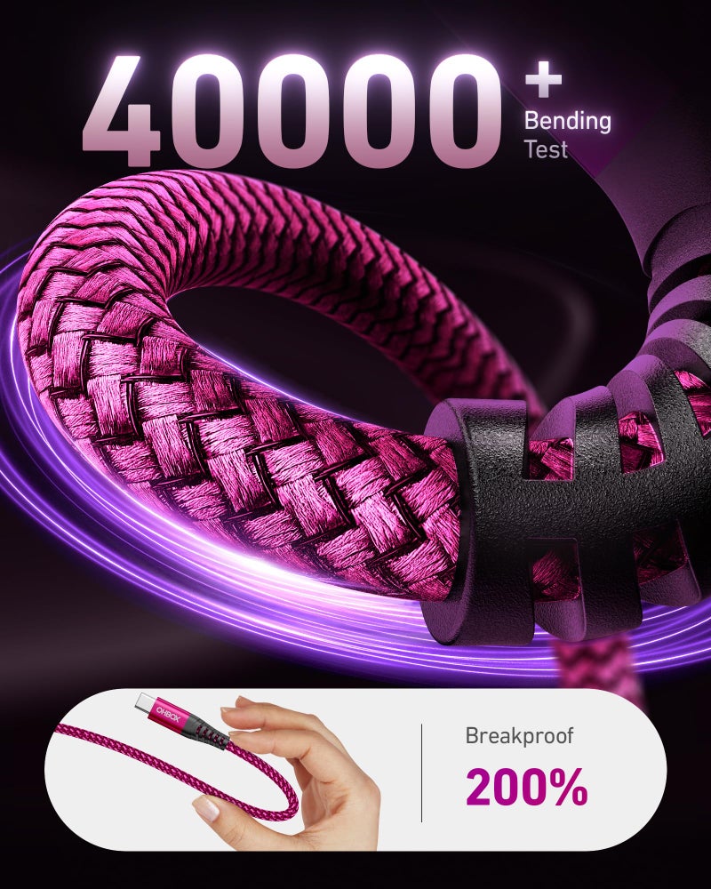 ohbox USB to USB C Cable 60W Fast Charging [2 Pack 6FT], USB A to USB C Cable for CarPlay, Durable Braided USB Type C iPhone Charger USBC Cord for iPhone 17/16/15/Pro Max, Samsung Galaxy S23 and More-Rose - Image 5