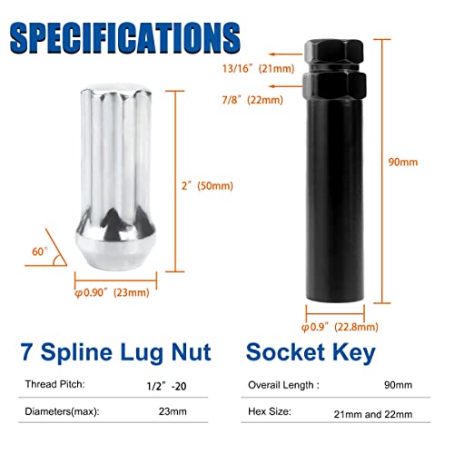GAsupply 1/2-20 Lug Nuts, 1/2 X 20 Closed End Acorn Tuner Long Spline Lug Nuts 2 Inch (50mm) Tall Conical Seat 60 Degree Chrome Lug Nuts, 20 Pack+1 Spline Lug Key - Image 2