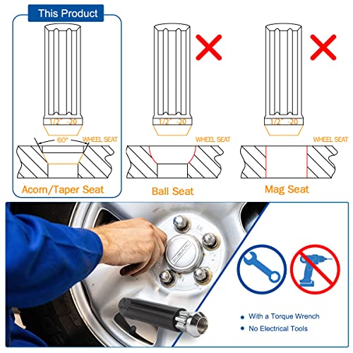 GAsupply 1/2-20 Lug Nuts, 1/2 X 20 Closed End Acorn Tuner Long Spline Lug Nuts 2 Inch (50mm) Tall Conical Seat 60 Degree Chrome Lug Nuts, 20 Pack+1 Spline Lug Key - Image 3