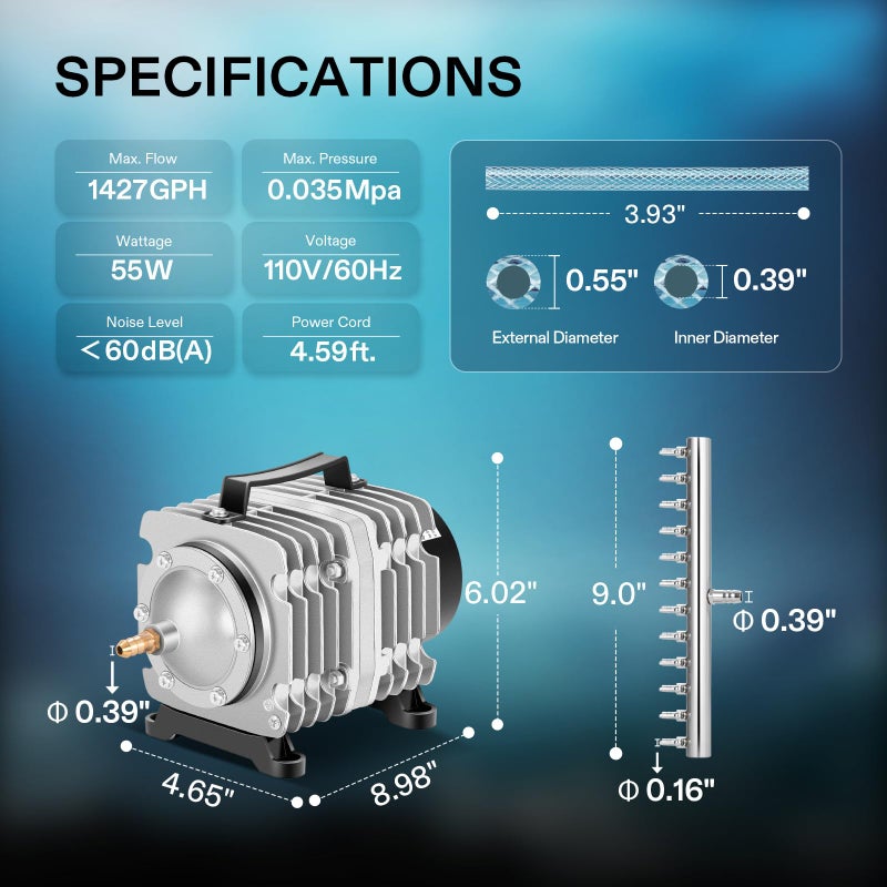 VIVOSUN Commercial Air Pump 1427 GPH 55W 90L/min 12 Outlet for Aquarium and Hydroponic Systems - Image 2