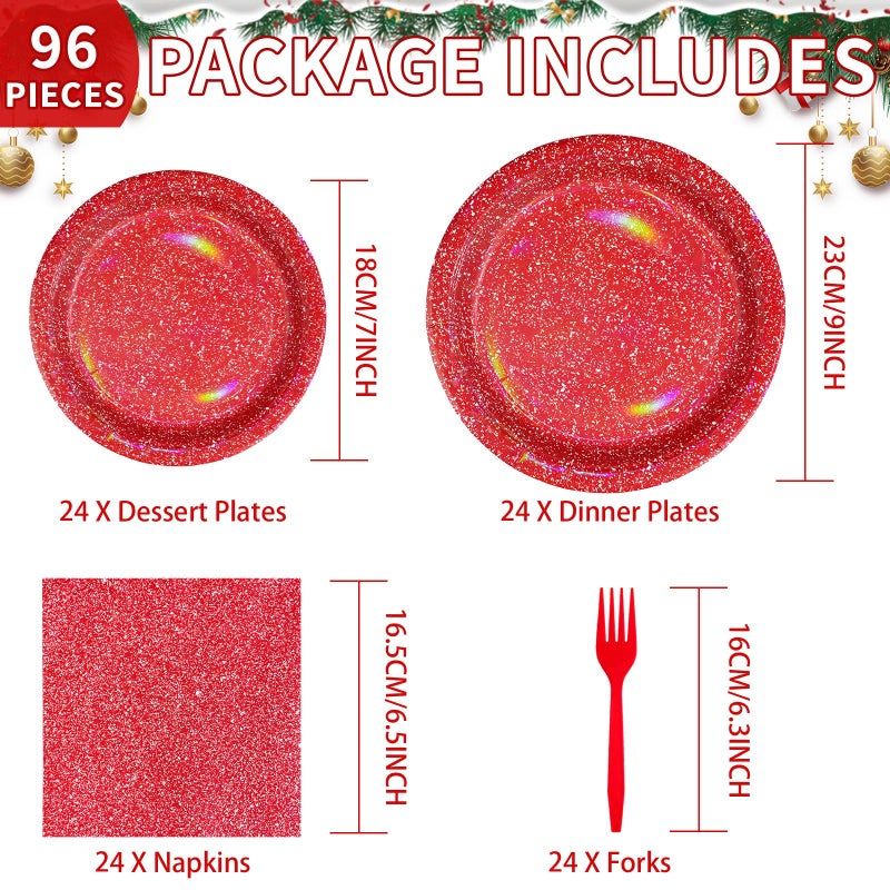 Grencian 96pcs Iridescence Red Birthday Party Supplies 350 GSM Red White Valentine's Day Plates and Napkins Rainbow Tableware Sets for Girls Women Bridal Shower Valentines Day Party Decorations Serves 24 - Image 2