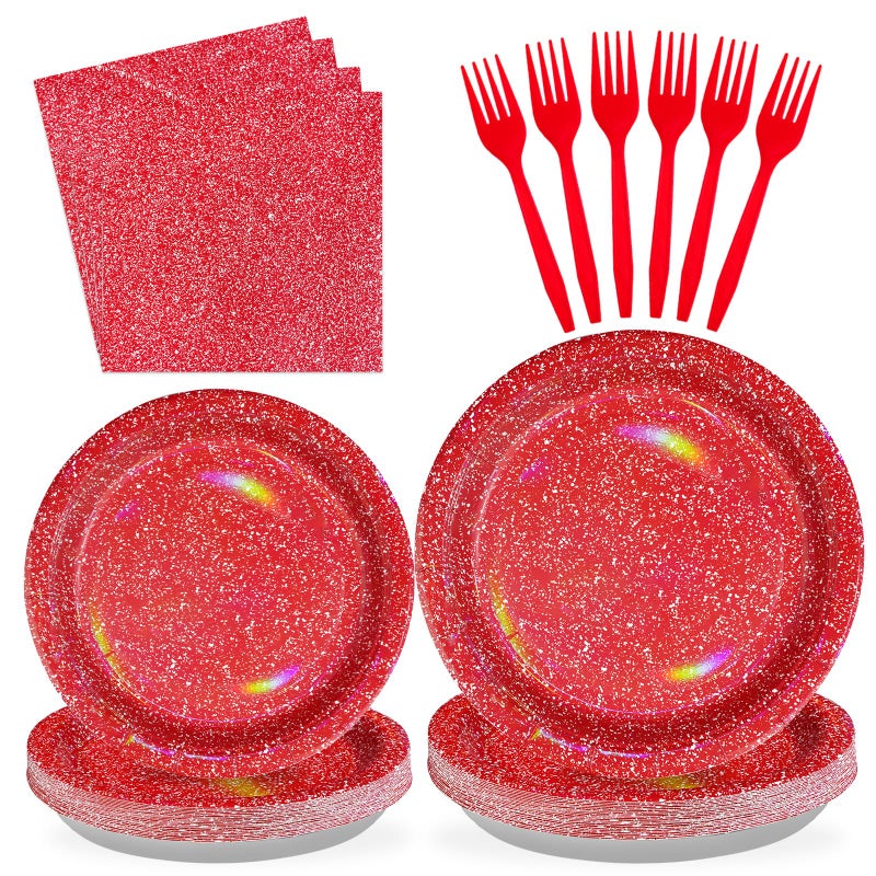 Grencian 96pcs Iridescence Red Birthday Party Supplies 350 GSM Red White Valentine's Day Plates and Napkins Rainbow Tableware Sets for Girls Women Bridal Shower Valentines Day Party Decorations Serves 24 - Image 1