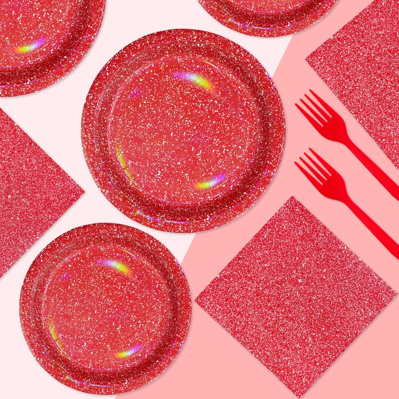 Grencian 96pcs Iridescence Red Birthday Party Supplies 350 GSM Red White Valentine's Day Plates and Napkins Rainbow Tableware Sets for Girls Women Bridal Shower Valentines Day Party Decorations Serves 24 - Image 5
