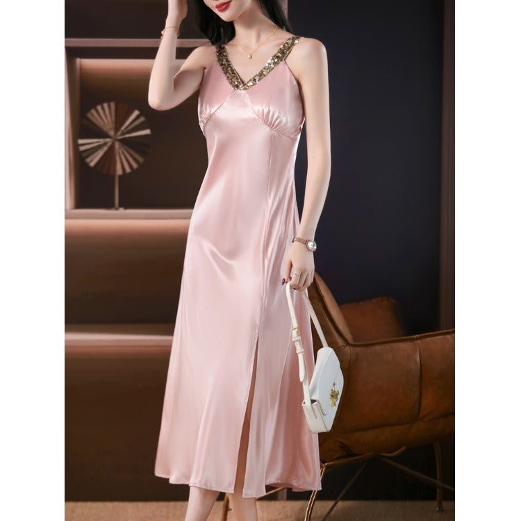 2025 French-Style Women'S Heavy Sequin Design Draped Satin Slip Dress For Outerwear Or Layering - Image 4