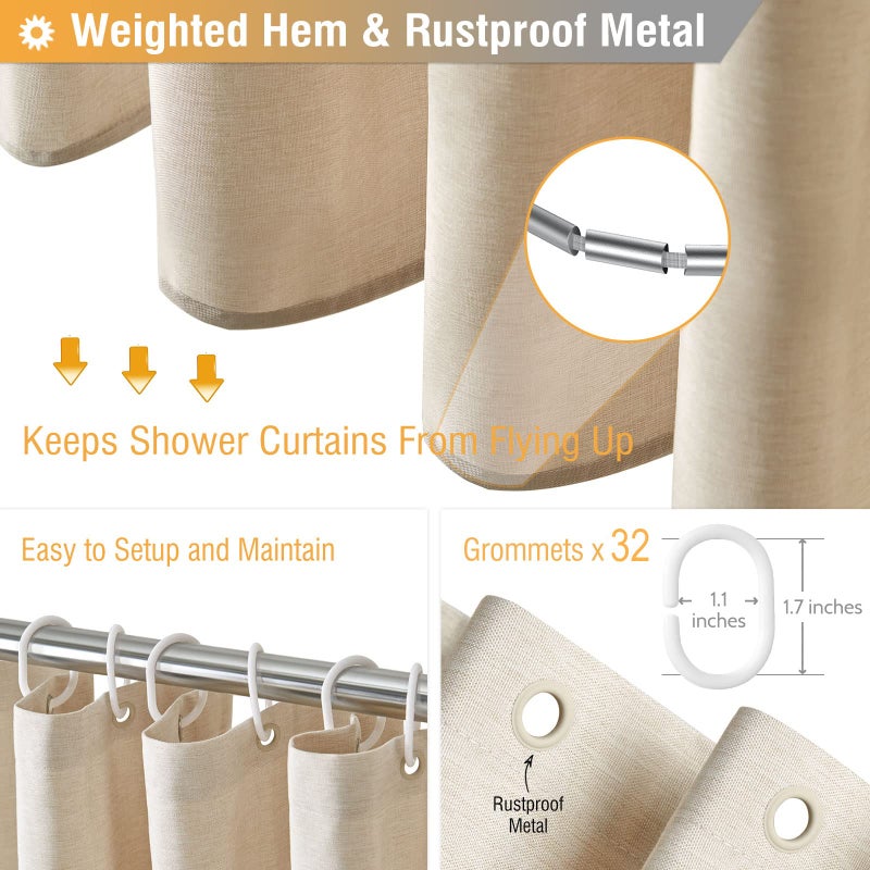 BTTN BTTN Clawfoot Tub Shower Curtain - 180 x 72 Extra Wide Linen Textured Weighted Fabric Shower Curtain Set with 32 Hooks  Large Hotel Simple Neutral Polyester Shower Curtains for Bathroom - Cream/Beige  - Image 4