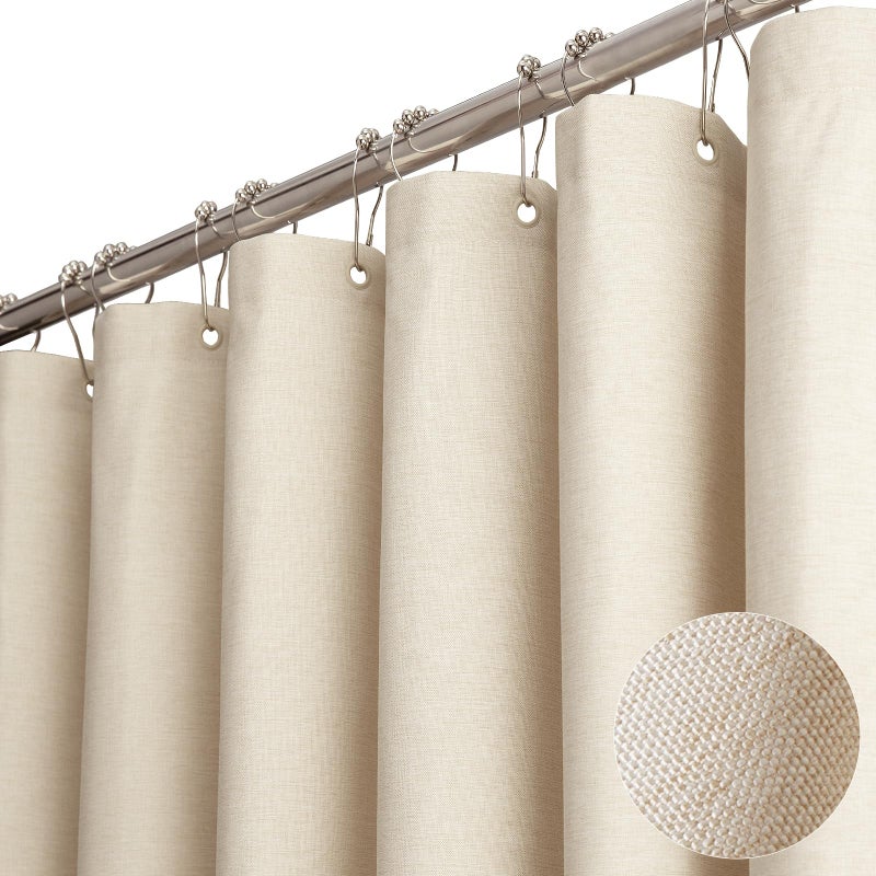 BTTN BTTN Clawfoot Tub Shower Curtain - 180 x 72 Extra Wide Linen Textured Weighted Fabric Shower Curtain Set with 32 Hooks  Large Hotel Simple Neutral Polyester Shower Curtains for Bathroom - Cream/Beige  - Image 1
