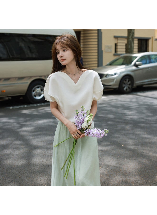 Mt And Korean Casual Minimalist] Summer Style, Thin Air Layer Simple Petal Collar Lantern Sleeve Loose Short-Sleeve T-Shirt - Image 2