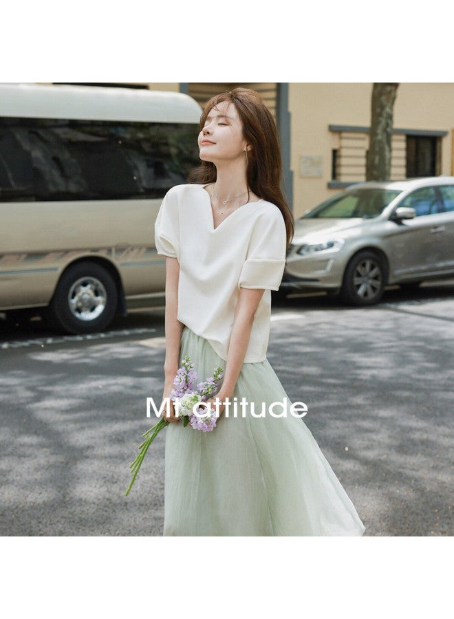 Mt And Korean Casual Minimalist] Summer Style, Thin Air Layer Simple Petal Collar Lantern Sleeve Loose Short-Sleeve T-Shirt - Image 1