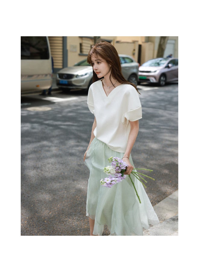 Mt And Korean Casual Minimalist] Summer Style, Thin Air Layer Simple Petal Collar Lantern Sleeve Loose Short-Sleeve T-Shirt - Image 5