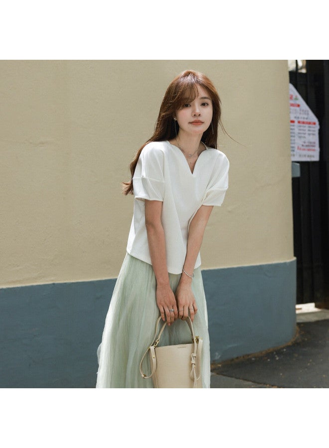 Mt And Korean Casual Minimalist] Summer Style, Thin Air Layer Simple Petal Collar Lantern Sleeve Loose Short-Sleeve T-Shirt - Image 3