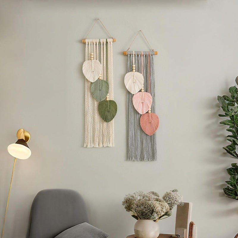 Xlot Set of 2 Wall Hanging Decor Leaves Tapestry Boho WallDecor Woven Feather,Macrame Wall Hanging with Leaf Design, Boho Decor, Handmade Yarn Tassels Woven Wall Art Decorations for Nursery - Image 1