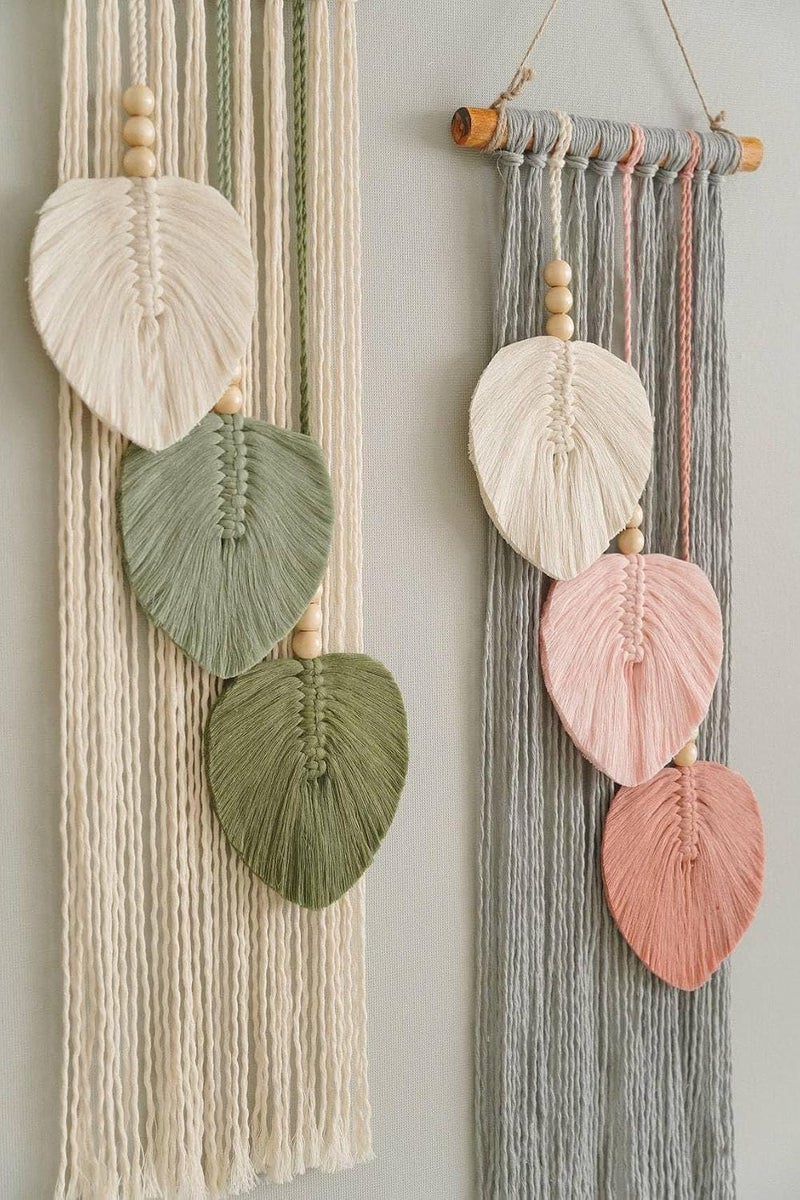 Xlot Set of 2 Wall Hanging Decor Leaves Tapestry Boho WallDecor Woven Feather,Macrame Wall Hanging with Leaf Design, Boho Decor, Handmade Yarn Tassels Woven Wall Art Decorations for Nursery - Image 4