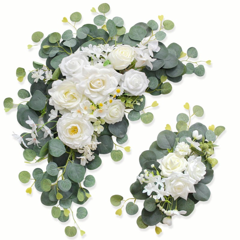 Odouzy Artificial Wedding Arch Flowers For Wedding Sign Set Of 2 For Wedding Welcome Ceremony Sign Faux Floral Swags Wedding  Banquet And Reception Backdrop Floral Decoration (White Champagne) - Image 1