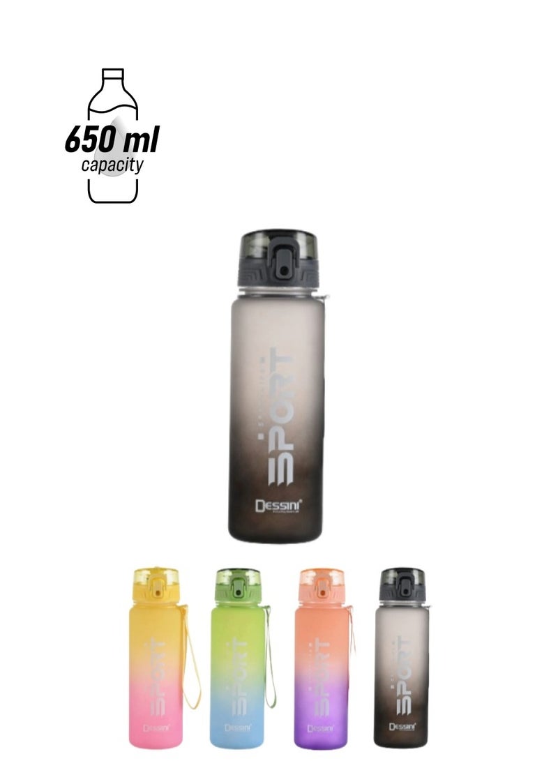 DESSINI زجاجة ماء سعة 650 مل بتصميم مزدوج اللون خالية من المواد السامة BPA - تدفق سريع - غطاء قابل للفتح بنقرة واحدة ومقاوم للتسرب، أسود
