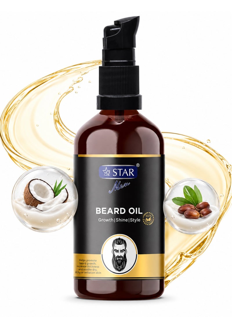 SZ Star Beard Oil 100ml - Beard Growth Oil for Thicker Beard, Natural Beard Conditioner & Beard Softener with Avocado, Almond & Sesame Oils, Beard Itch Relief & Nourishing Facial Hair Care for Men - Image 1