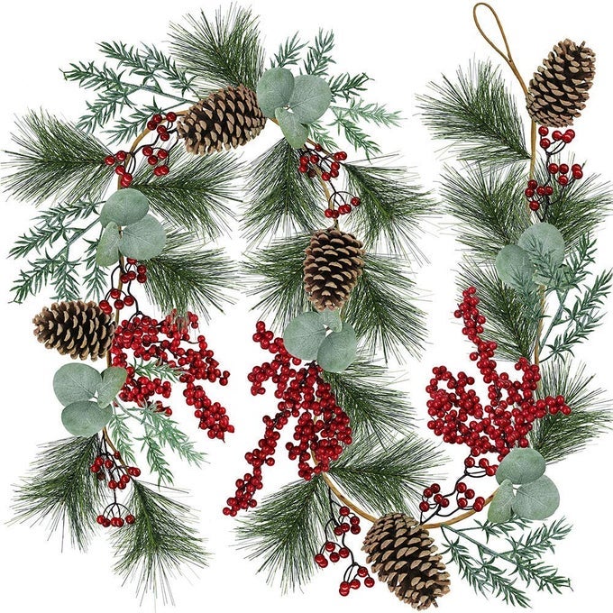 6 Long Christmas Artificial Pine Needle Garland Wired Rustic Twig Vine Birch with Assorted Faux Red Berries Eucalyptus Leaves Natural Pine Cones Fir Sprigs Holiday Season Winter Decor