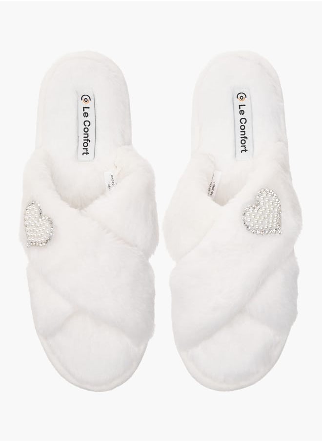 Le Confort Womens Faux Fur Cross Strap Bedroom Slides  - Image 2