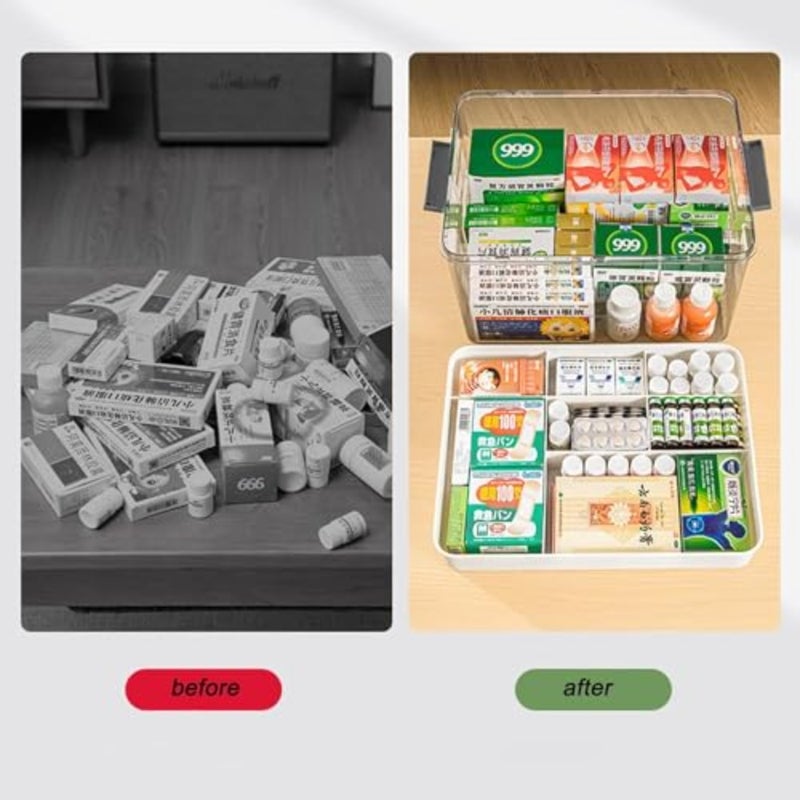 منظم صندوق الإسعافات الأولية الشفاف مع مقصورات، صندوق إسعافات أولية بلاستيكي بمقبض محمول، حقيبة تخزين صندوق الدواء للعائلة والمكتب والسفر - Image 2