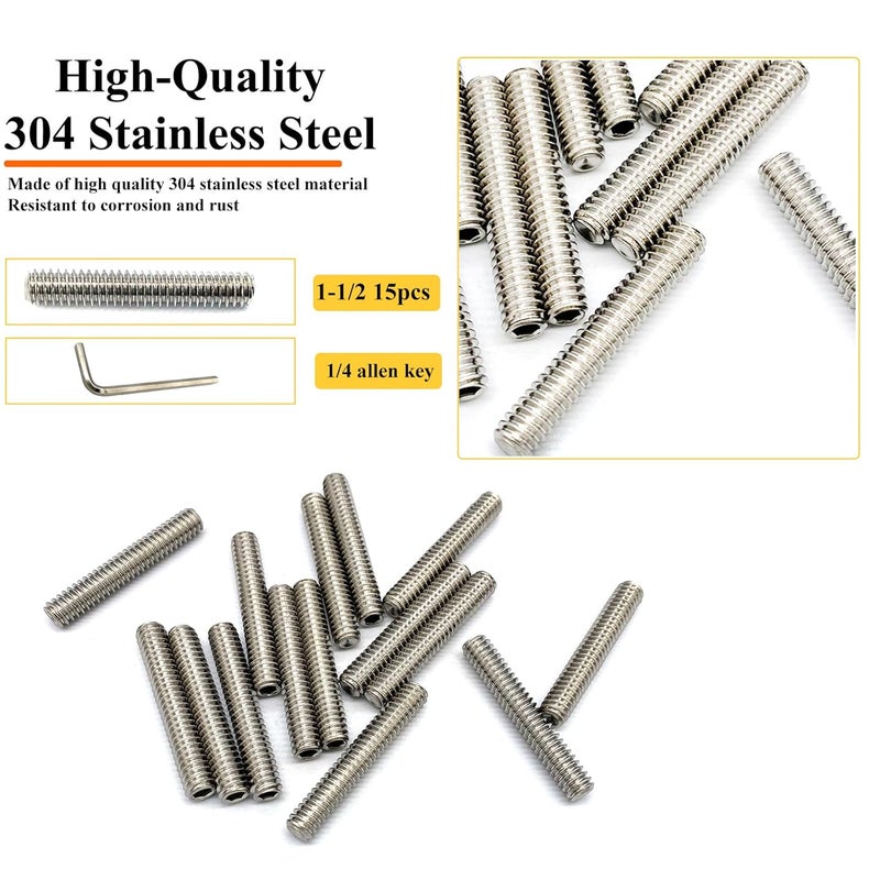 Matrelt 15pcs 1/4-20x1-1/2 Hex Socket Set Screws Assortment Kit, 304 Stainless Steel Cup Point Grub Screw for Bathroom Fixtures Door Handles Stripper Pole Rack Screws Precision Instrument ETS - Image 3