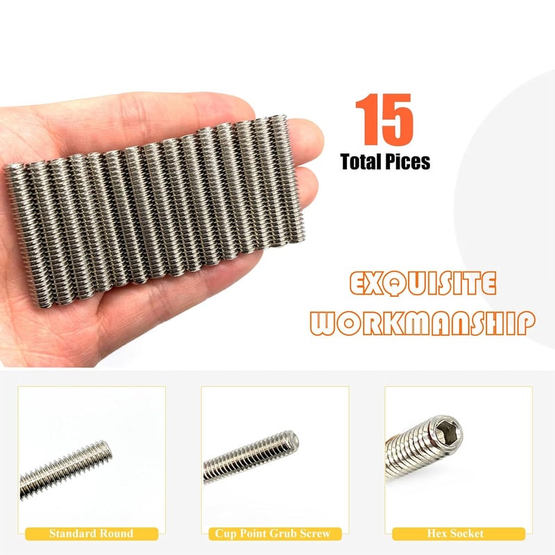 Matrelt 15pcs 1/4-20x1-1/2 Hex Socket Set Screws Assortment Kit, 304 Stainless Steel Cup Point Grub Screw for Bathroom Fixtures Door Handles Stripper Pole Rack Screws Precision Instrument ETS - Image 4