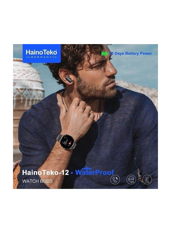 هينوتيكو ساعة هاينو تيكو هاينو تيكو 12 الذكية المقاومة للماء مع سماعات أذن لاسلكية مدمجة وشاشة كبيرة AMOLED و3 أزواج من الأشرطة وكابل شحن مصممة للرجال باللون الأسود - Image 2