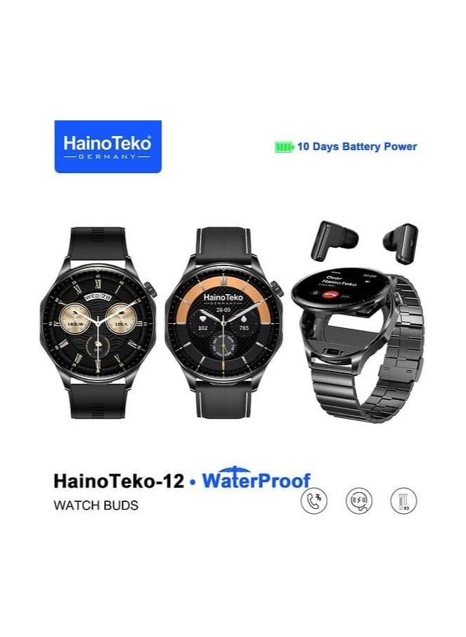 هينوتيكو ساعة هاينو تيكو هاينو تيكو 12 الذكية المقاومة للماء مع سماعات أذن لاسلكية مدمجة وشاشة كبيرة AMOLED و3 أزواج من الأشرطة وكابل شحن مصممة للرجال باللون الأسود - Image 3