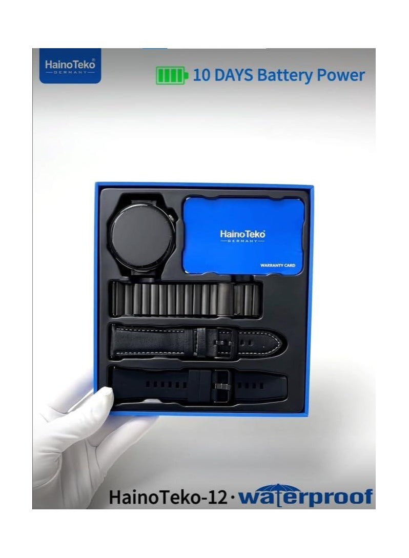 هينوتيكو ساعة هاينو تيكو هاينو تيكو 12 الذكية المقاومة للماء مع سماعات أذن لاسلكية مدمجة وشاشة كبيرة AMOLED و3 أزواج من الأشرطة وكابل شحن مصممة للرجال باللون الأسود - Image 4