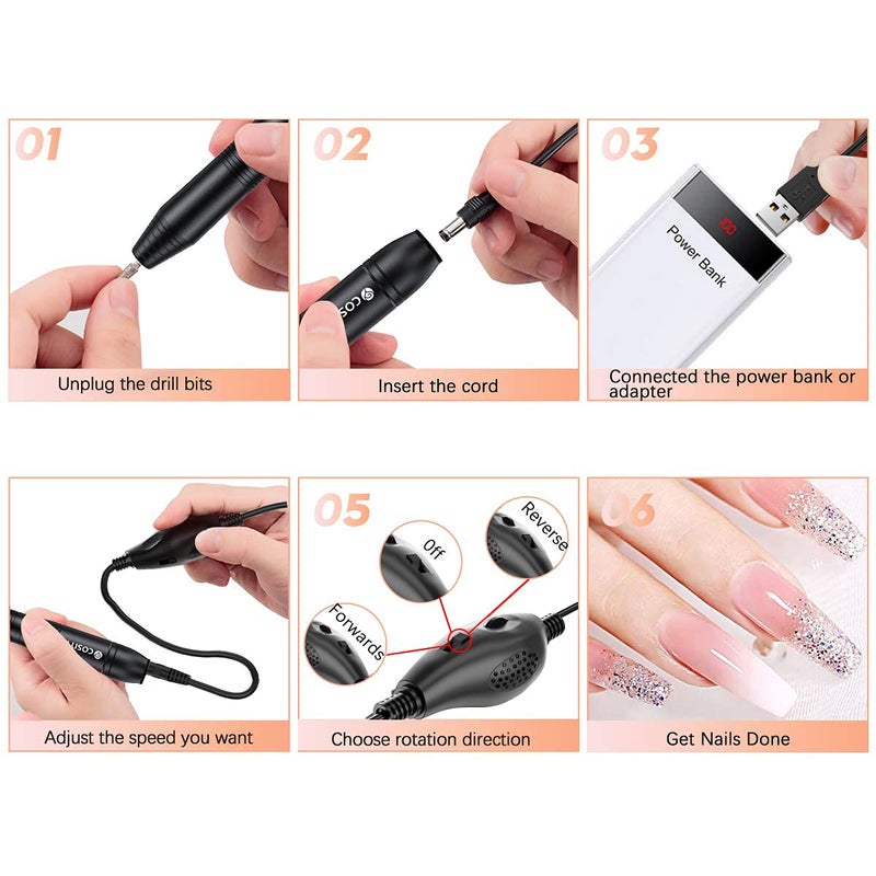 COSITTE Electric Nail Drill, USB Electric Nail Drill Machine for Acrylic Nails, Portable Electrical Nail File Polishing Tool Manicure Pedicure Efile Nail Supplies for Home and Salon Use Black - Image 4