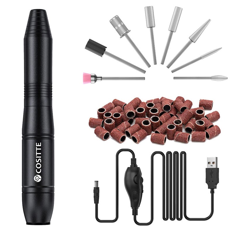 COSITTE Electric Nail Drill, USB Electric Nail Drill Machine for Acrylic Nails, Portable Electrical Nail File Polishing Tool Manicure Pedicure Efile Nail Supplies for Home and Salon Use Black - Image 1