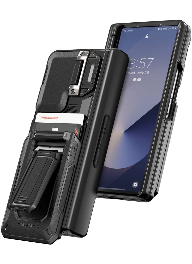 VRS Design D-Wallet Origin Samsung Galaxy Z Fold 6 Case Cover Wallet with Semi Automatic Credit Card Holder Slot [2 Cards] & Camera Lens Protector Kickstand - Black  - Image 1