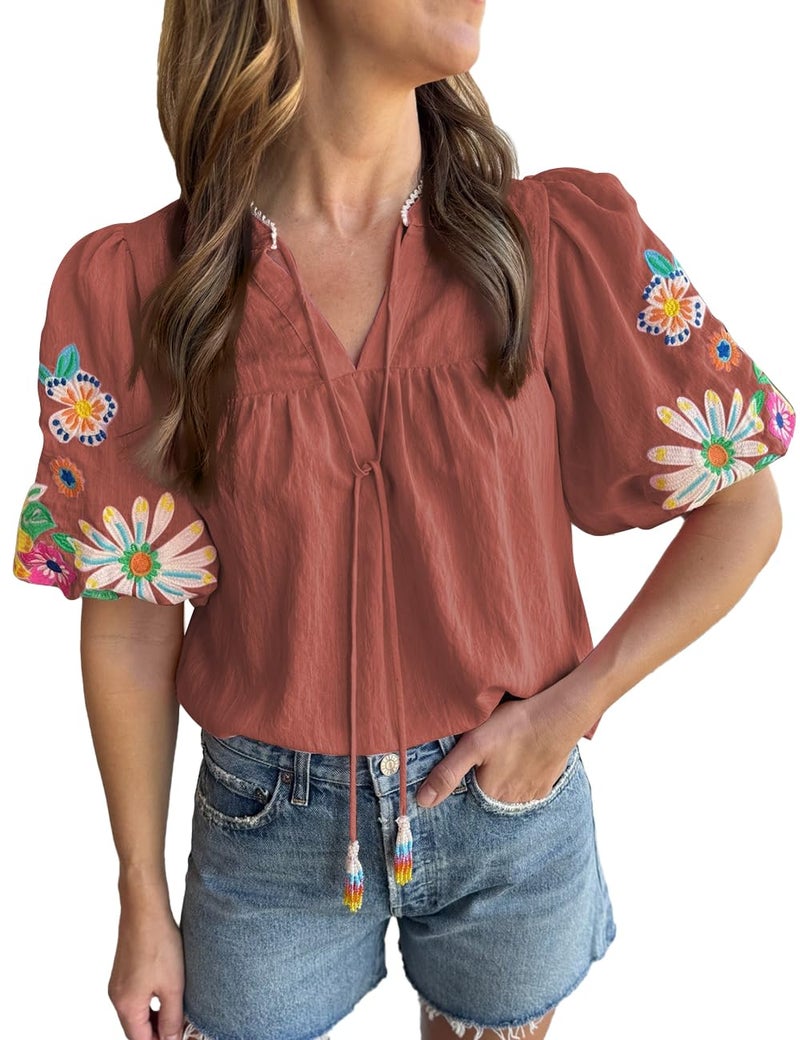 Ecosunny Women's Boho Embroidered Tops V Neck Floral Short Puff Sleeve Casual Shirts Loose Tunic Summer Blouses Fashion 2026 - Image 1