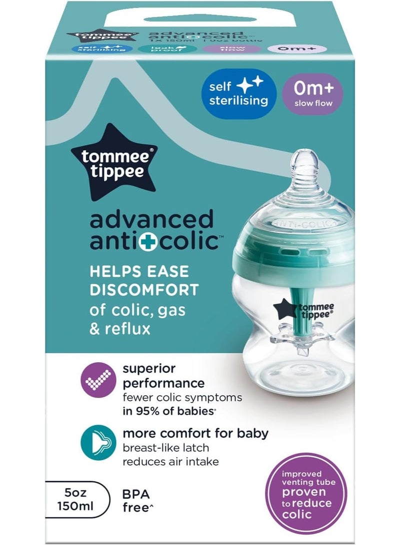 tommee tippee Advanced Anti+Colic Feeding Bottle Slow Flow Breast Like Teat Soft Silicone Nipple BPA Free 0M+ 150 ML - Image 2