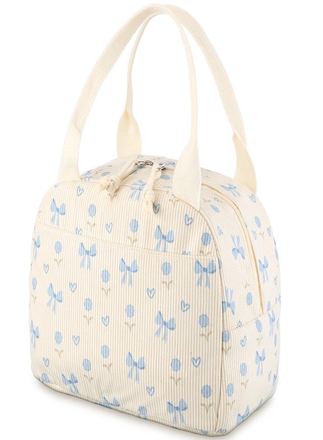 Dansydaisy Blue Bow and Flower Lunch Bag Cute Corduroy Insulated Lunch Box for Women Coquette Tote Bag Reusable Large Capacity Cooler Containers Preppy Stuff Gifts for Picnics Travel Outdoor - Image 1