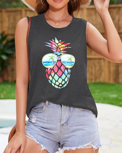 rosemia Tank Tops for Women Summer Graphic Pineapple Tshirts Sleeveless Casual Ladies Tunic Blouse(Pineapple Dark Grey, XL) - Image 3