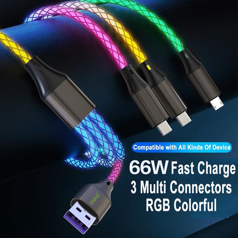 IHAO 3 in 1 Multi Connectors Charger Cable Micro USB/USB Type C PD Fast Charging Cord Light Up RGB Current Flowing Compatible with All Kinds of Cell Phones and Other Electric Products-RGB 39 inch - Image 2