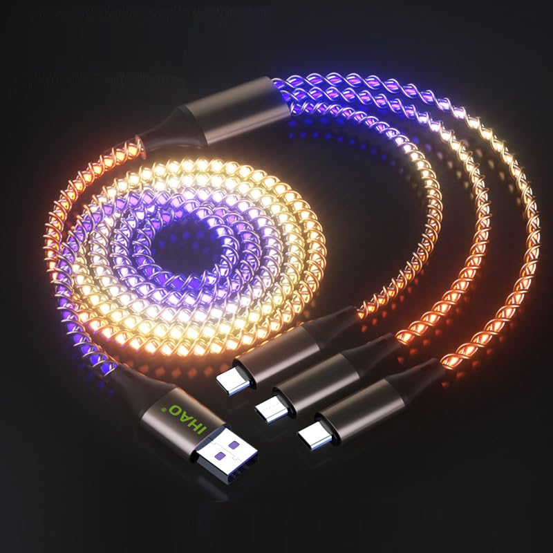 IHAO 3 in 1 Multi Connectors Charger Cable Micro USB/USB Type C PD Fast Charging Cord Light Up RGB Current Flowing Compatible with All Kinds of Cell Phones and Other Electric Products-RGB 39 inch - Image 1