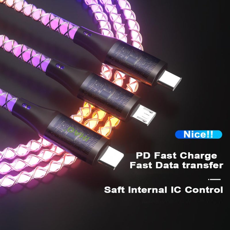 IHAO 3 in 1 Multi Connectors Charger Cable Micro USB/USB Type C PD Fast Charging Cord Light Up RGB Current Flowing Compatible with All Kinds of Cell Phones and Other Electric Products-RGB 39 inch - Image 3