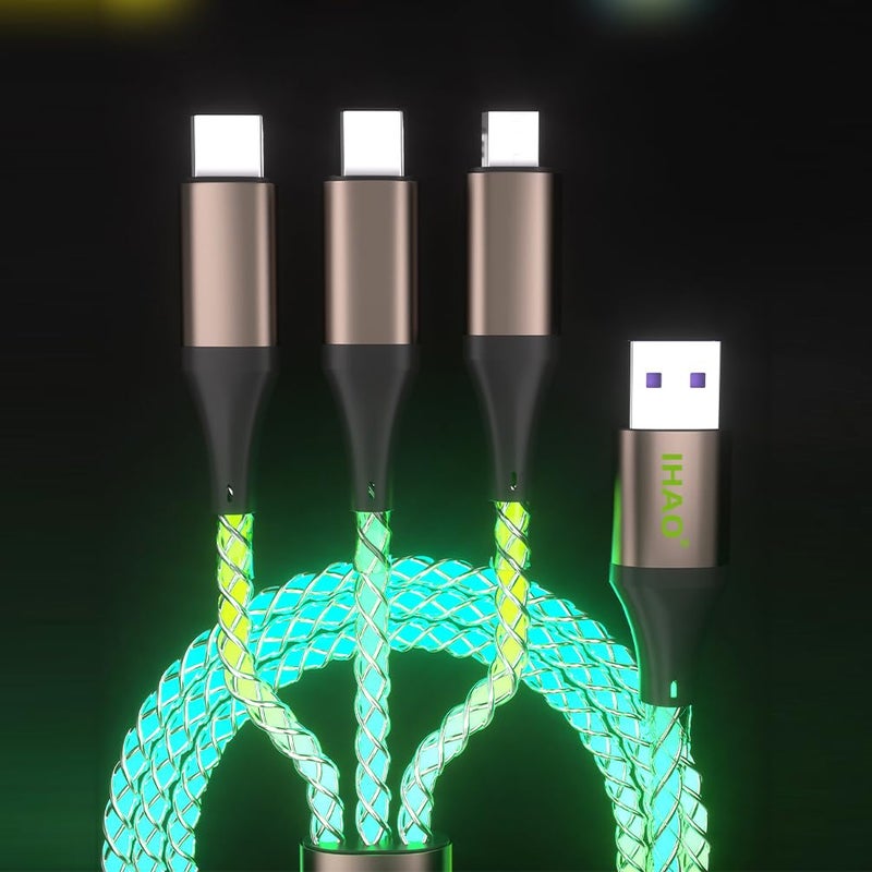 IHAO 3 in 1 Multi Connectors Charger Cable Micro USB/USB Type C PD Fast Charging Cord Light Up RGB Current Flowing Compatible with All Kinds of Cell Phones and Other Electric Products-RGB 39 inch - Image 4