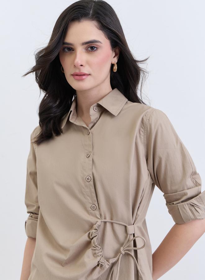 Styli Women Beige Cotton Long Sleeve Tie-Waist Shirt - Image 4