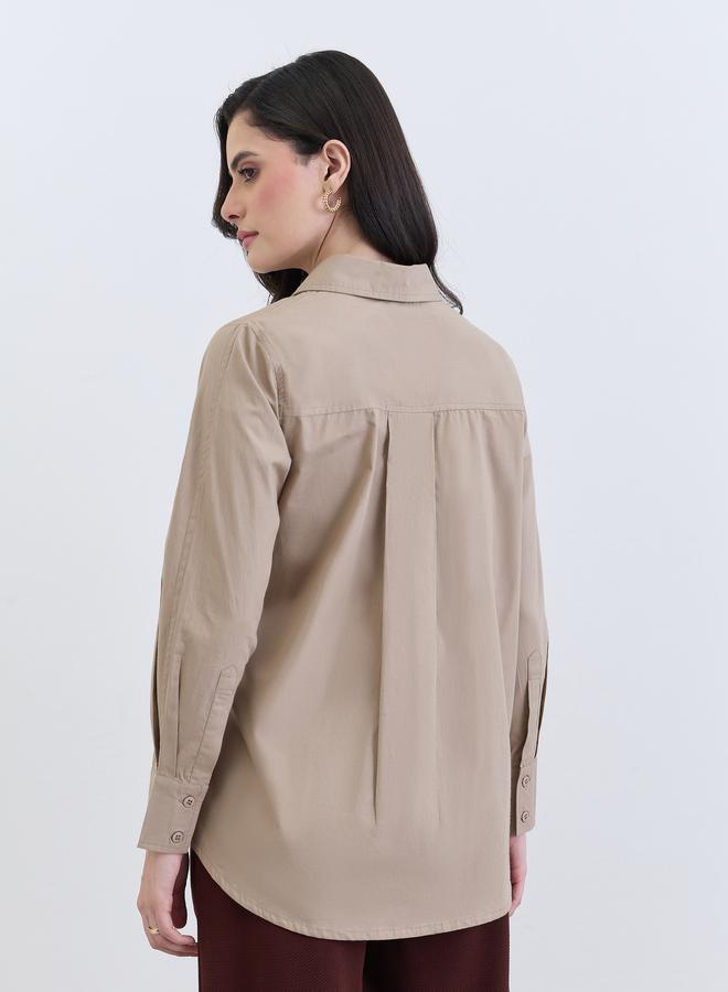 Styli Women Beige Cotton Long Sleeve Tie-Waist Shirt - Image 5