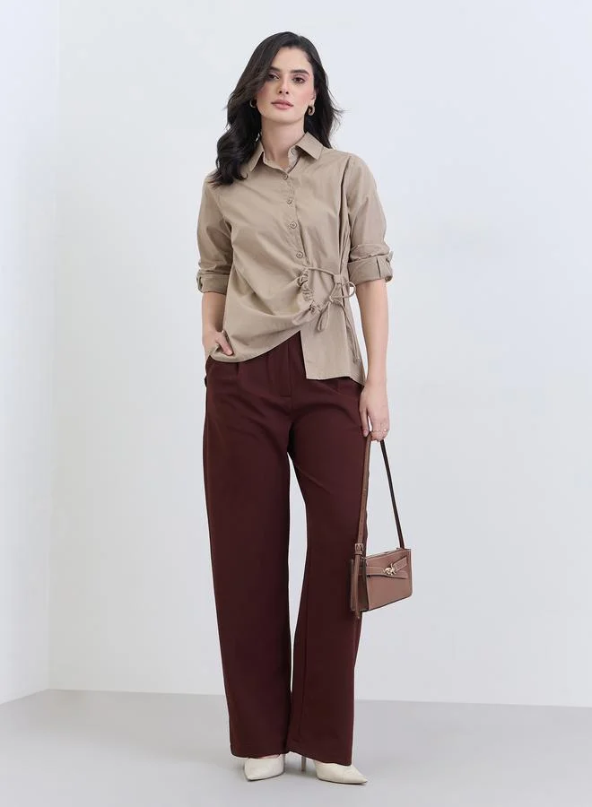 Styli Women Beige Cotton Long Sleeve Tie-Waist Shirt