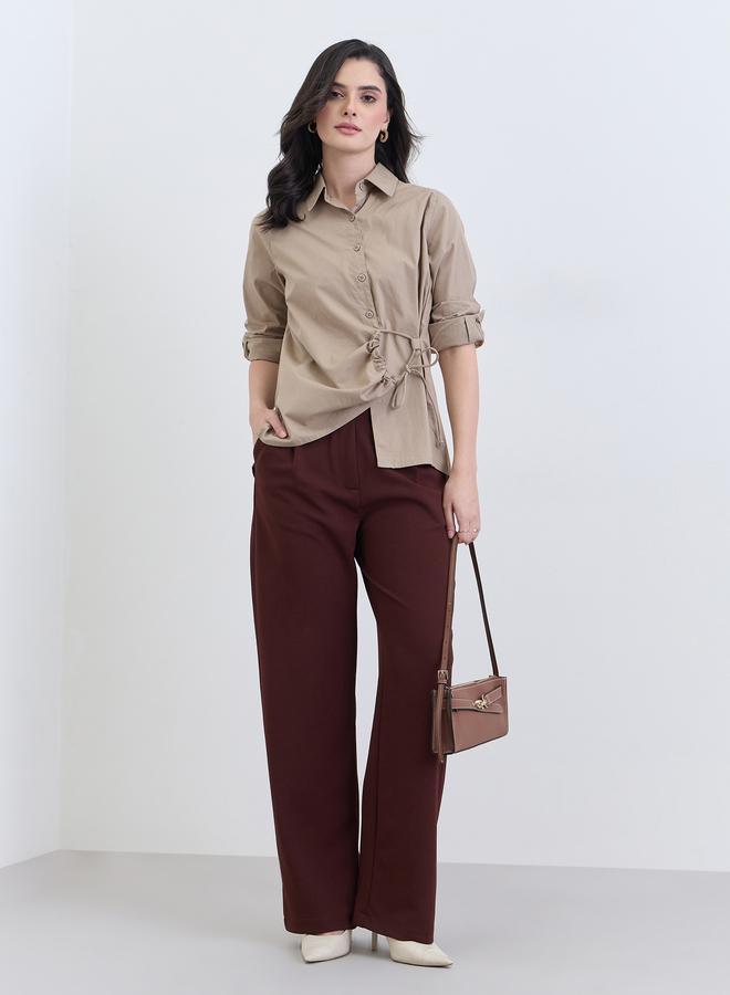 Styli Women Beige Cotton Long Sleeve Tie-Waist Shirt - Image 2
