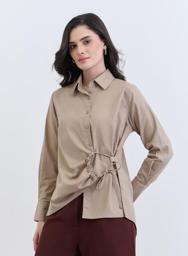 Styli Women Beige Cotton Long Sleeve Tie-Waist Shirt - Image 1