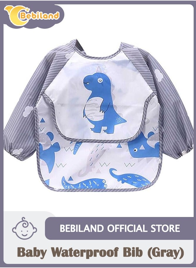Bebiland Dinosaur Pattren Baby Bib, Waterproof Stain Resistant Drool Cloths Great for 12-36 Months Toddler Infant (Gray)  - Image 1