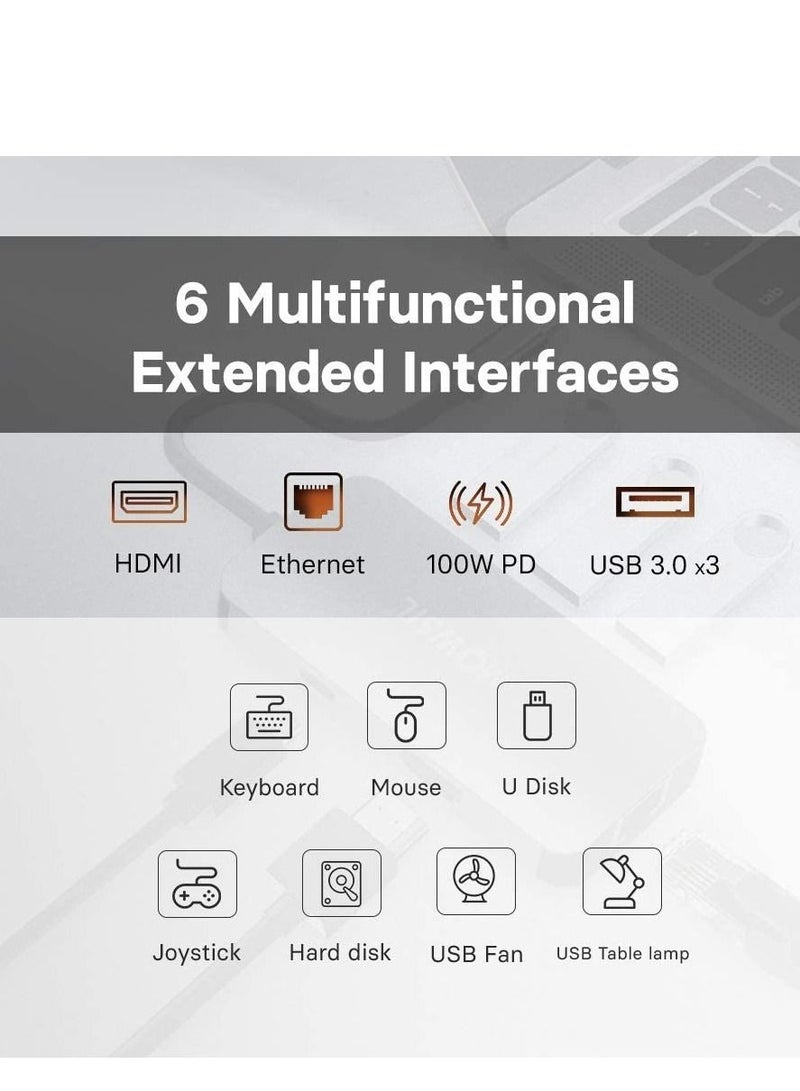 Mowsil USB C Hub 6-in-1 Type C to HDMI, RJ45 GIGA, PD(TYPE-C), 3XUSB 3.0. Compatible for MacBook Pro/Air XPS and More USB C Devices - Image 2