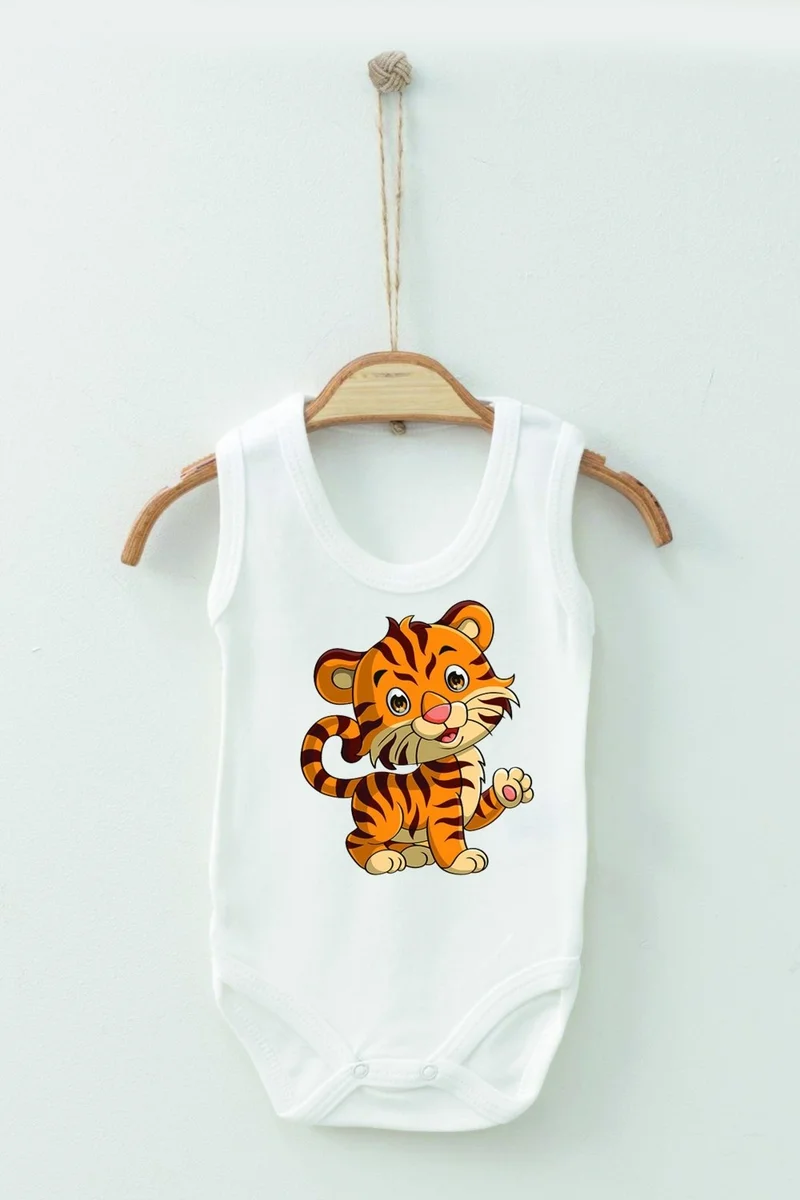 Ada Bebek Çocuk Ada Baby Kid Adabebek Cotton Organic Tiger Patterned Strappy Bodysuit Baby Bodysuit